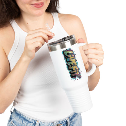 Insulated Travel Mug - Live Fit - 40oz Fitness Water Bottle - Gym Coffee Cup - Durable Travel Tumbler - Motivational Drinkware