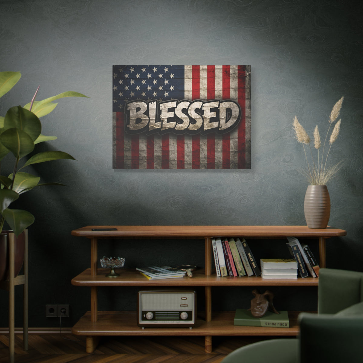 Blessed Vintage American Flag Canvas Wall Art - Patriotic Home Decor