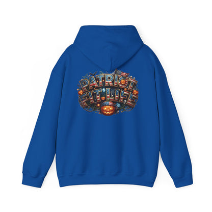 Royal blue hoodie with Halloween 'PATRIOT FIT LIFE' design on the back against a white background.