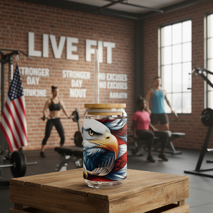 Patriotic American Eagle Sipper Glass - 16oz with Bamboo Lid & Straw - USA Gift