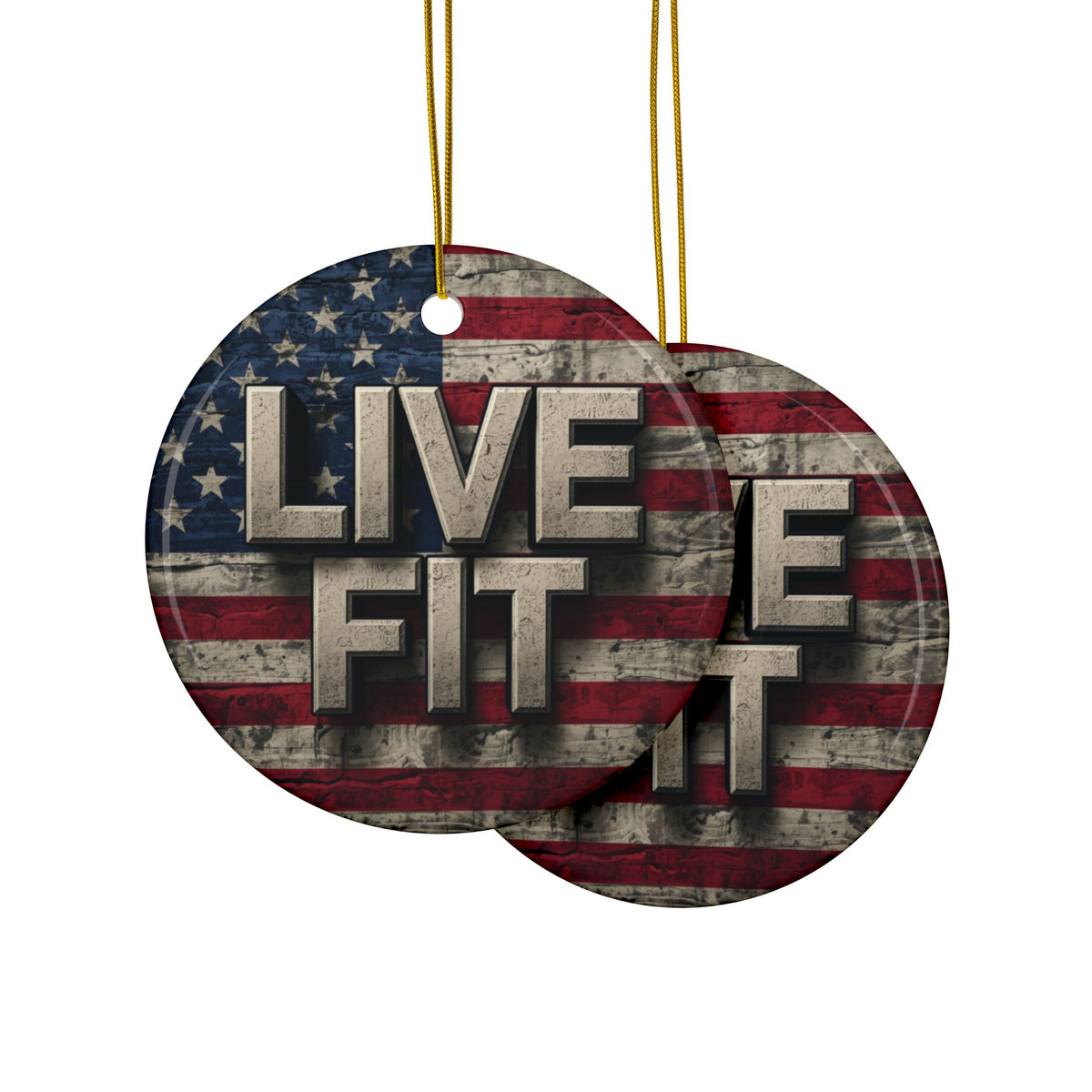 Stunning Patriotic Ceramic Ornaments - Live Fit - Vintage American Flag Backdrop - Decorative Holiday Decor (Various Packs 1-10) - Same Design Both Sides - Fitness