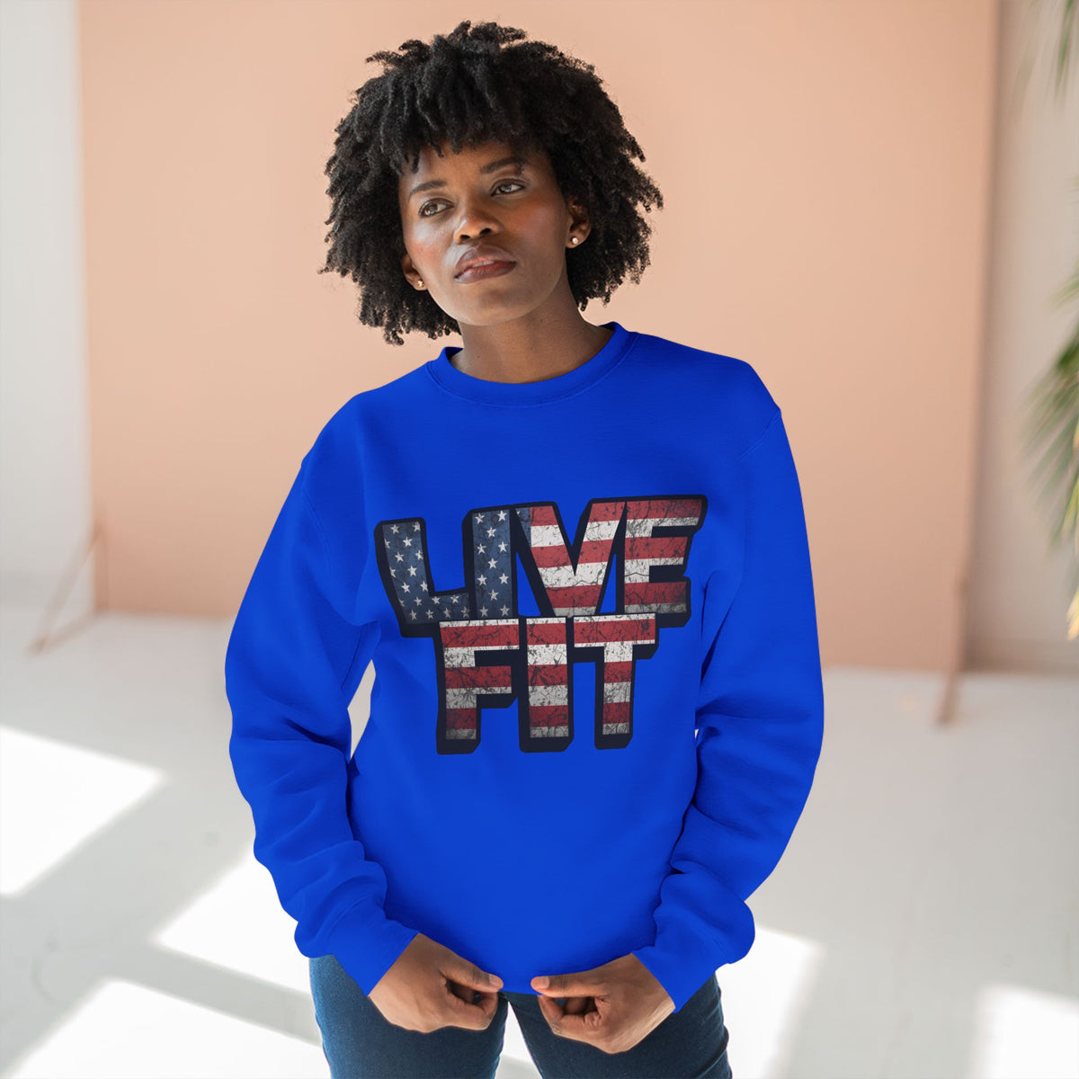 Patriotic Fitness Sweatshirt - American Flag LIVE FIT Design - Red White Blue Crewneck - Unisex S-3XL