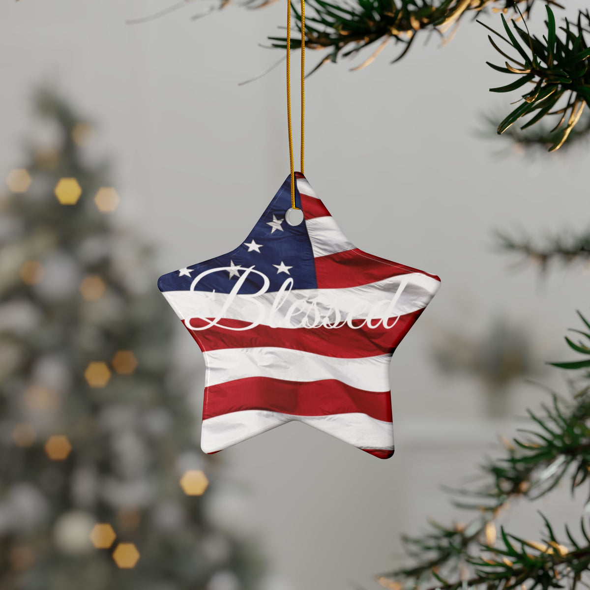 Ceramic Ornaments - White Blessed Print - American Flag Backdrop - Red White & Blue Design (1-10pcs)