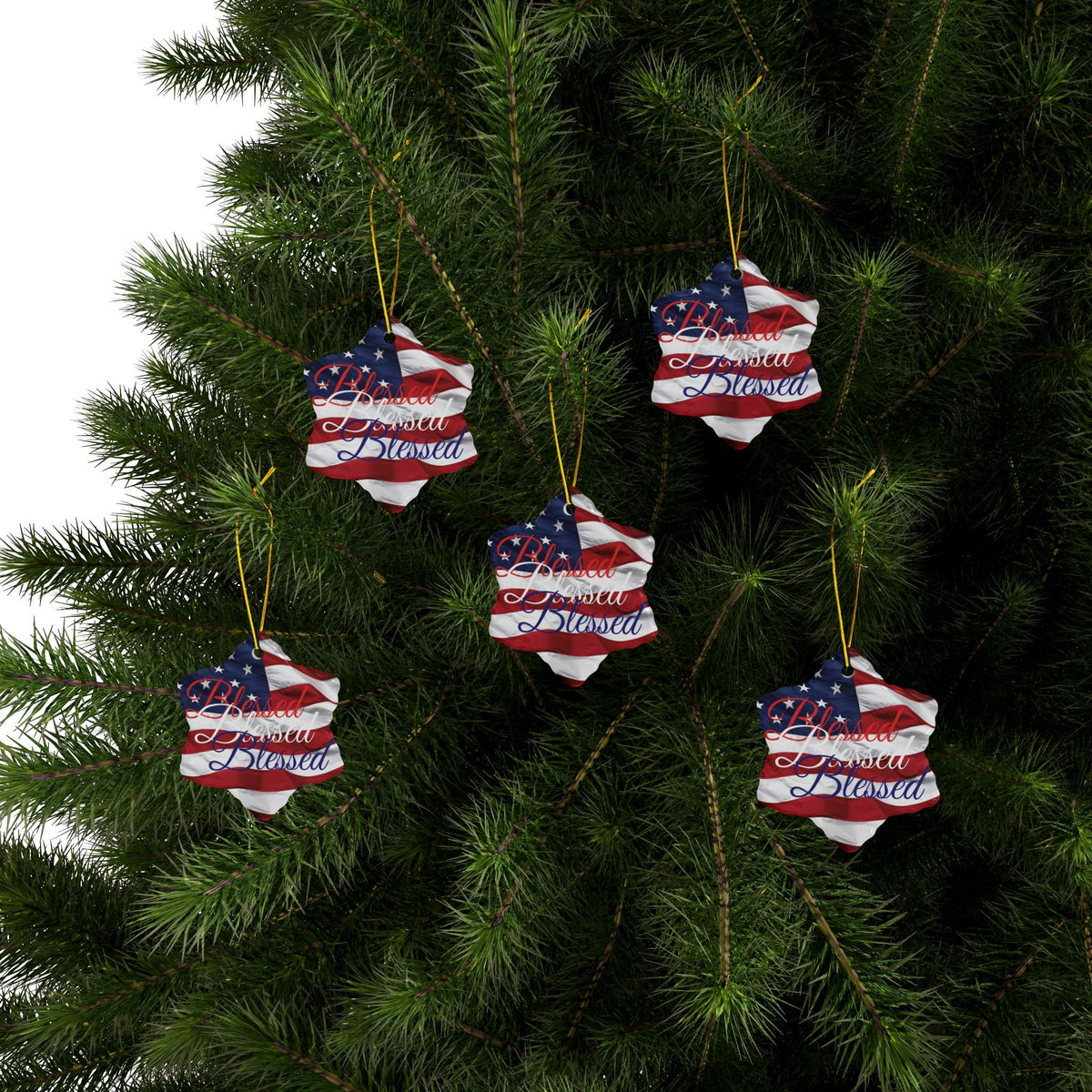 Patriotic Ceramic Ornaments - Blessed Design - American Flag Backdrop - Red White & Blue Blessed Print Design - (Multi-Pack) Options (1, 3, 5, or 10 pieces)