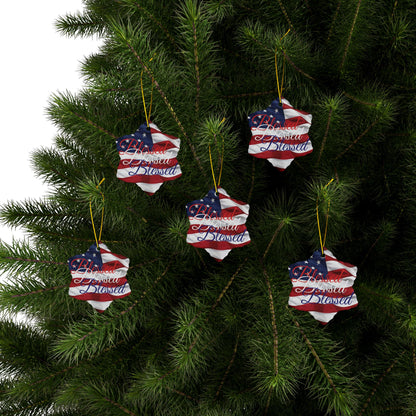 Patriotic Ceramic Ornaments - Blessed Design - American Flag Backdrop - Red White & Blue Blessed Print Design - (Multi-Pack) Options (1, 3, 5, or 10 pieces)