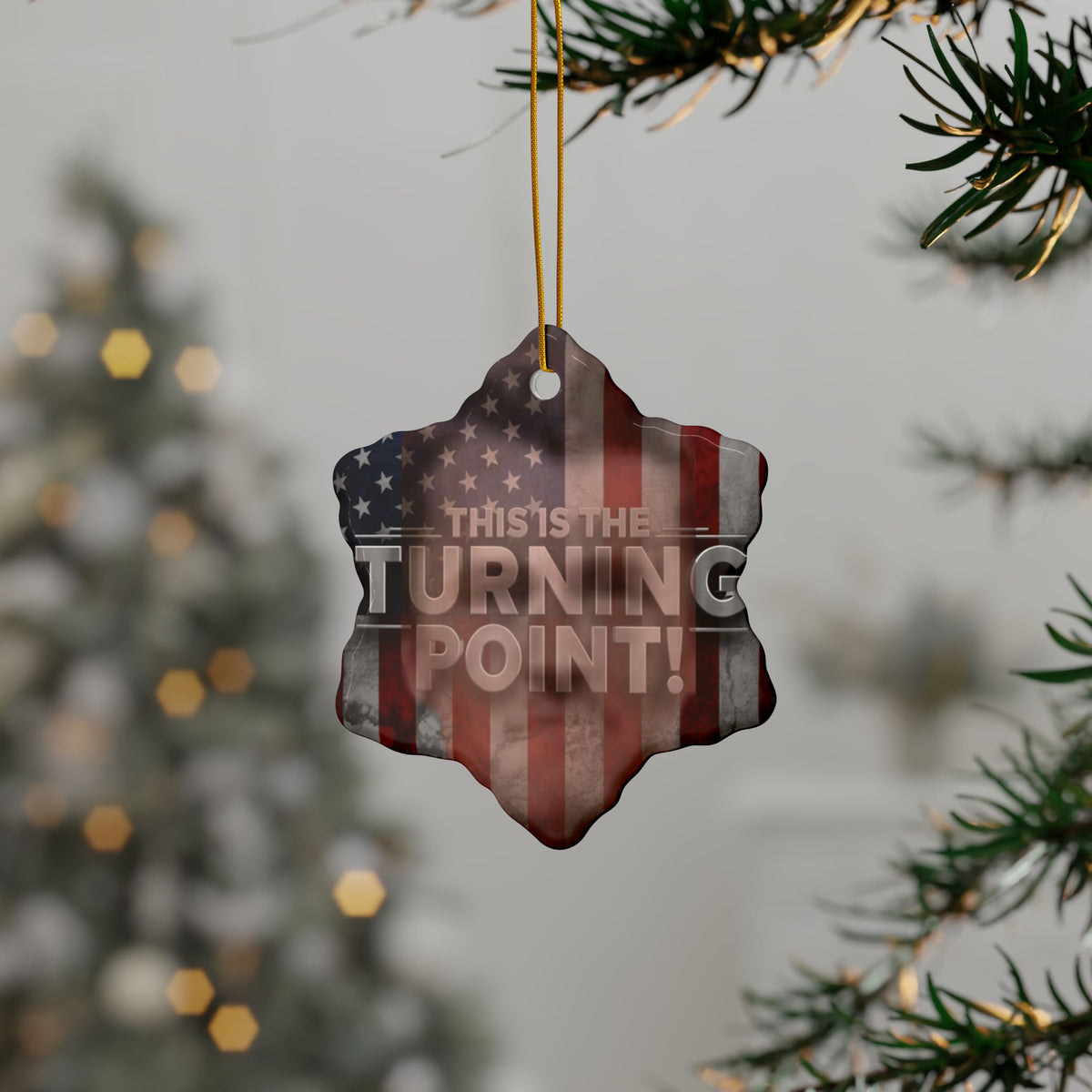 Patriotic Ceramic Ornaments - Charlie Kirk Inspired - This Is The Turning Point! - American Flag Backdrop