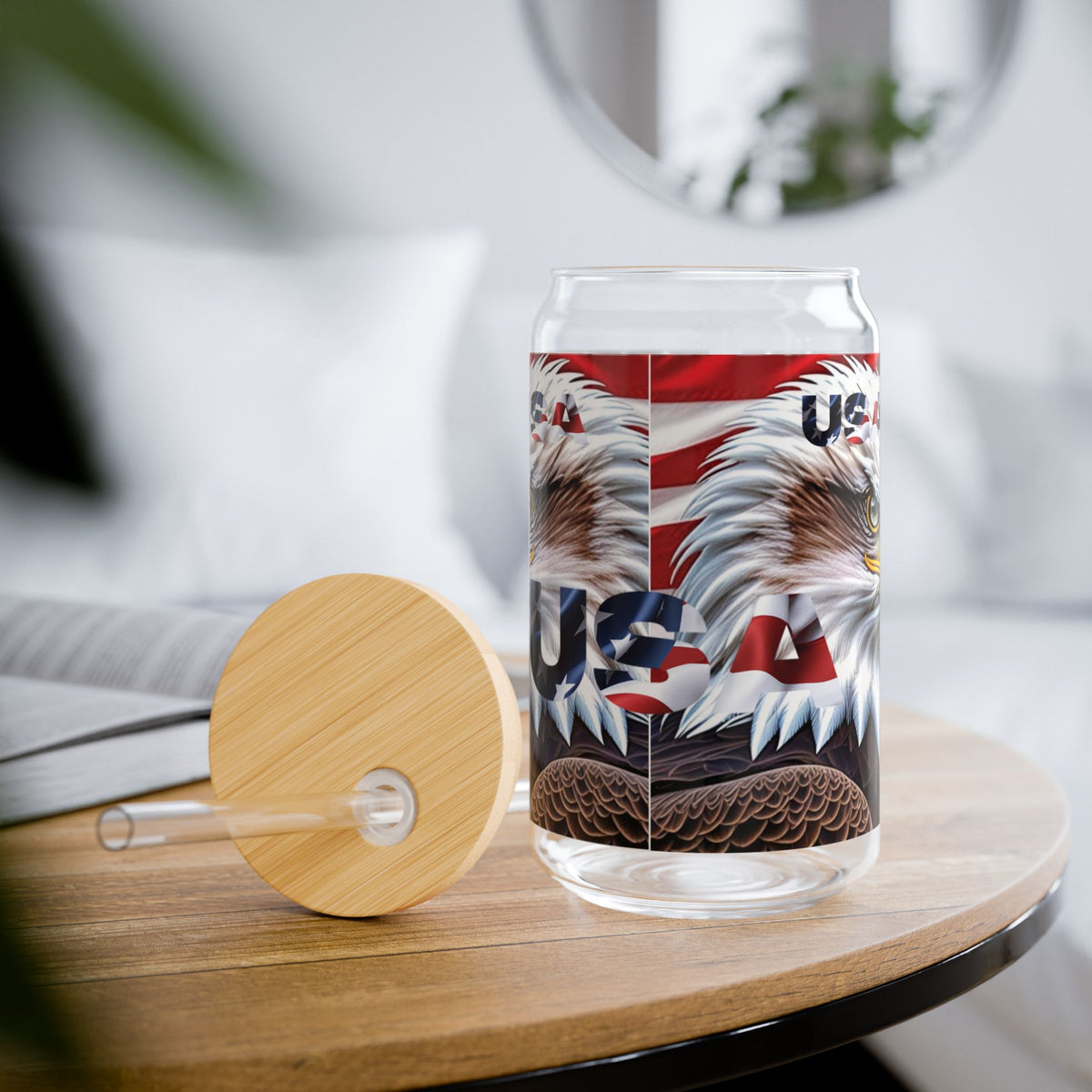Patriotic Bald Eagle Sipper Glass - 16oz with Bamboo Lid & Straw - USA Gift