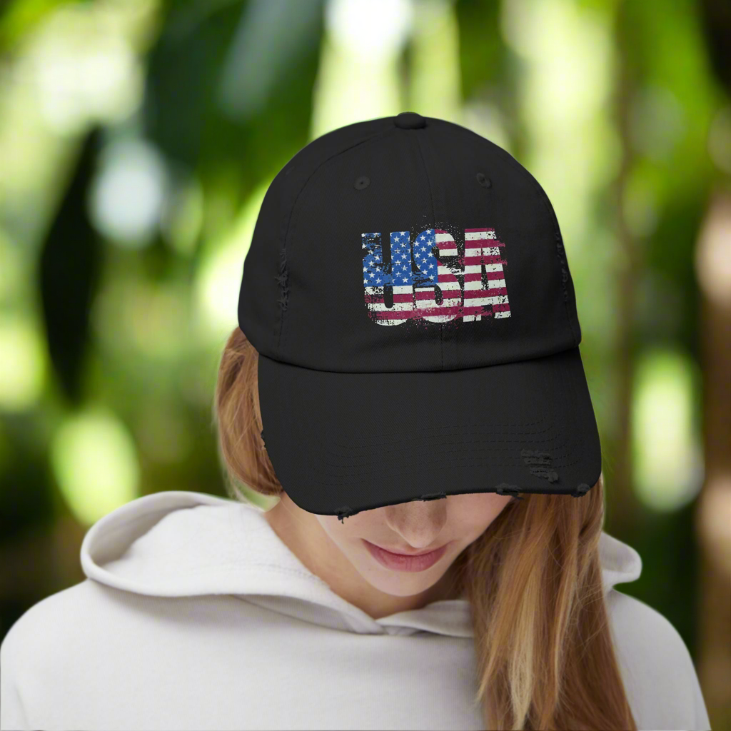 USA Distressed Flag Cap - Unisex Cotton Twill Hat - Patriotic Headwear