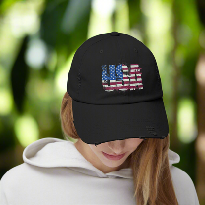 USA Distressed Flag Cap - Unisex Cotton Twill Hat - Patriotic Headwear