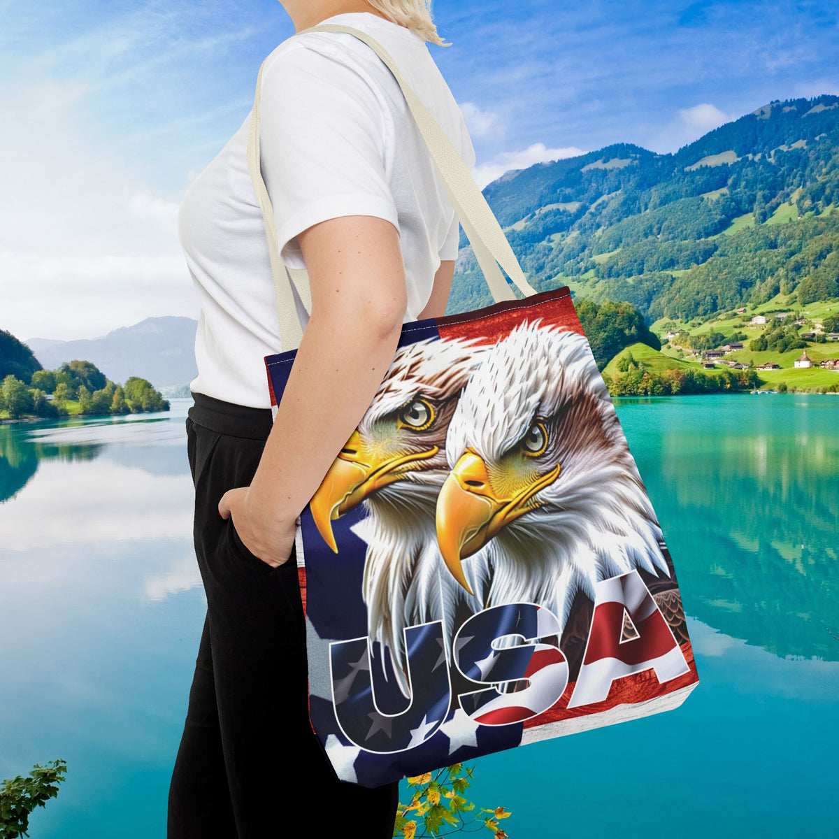Patriotic - USA - Bald Eagles - Tote Bag - All Over Print - American Flag Design - Five Different Handle Colors - Red - Navy - Black - Beige - White- Different Print On Both Sides