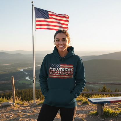 Grateful - Champion Hoodie - Vintage American Flag Design - Red White Blue - Unisex S-3XL