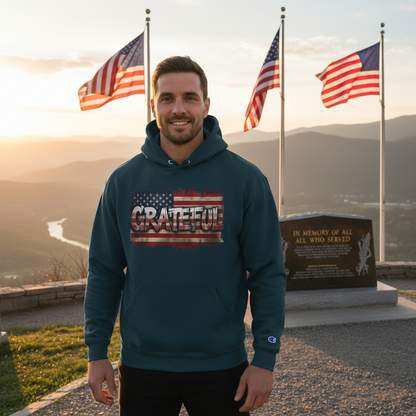 Grateful - Champion Hoodie - Vintage American Flag Design - Red White Blue - Unisex S-3XL