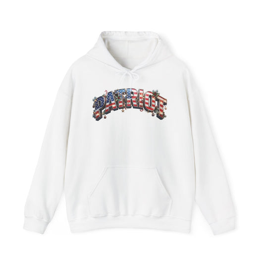 A white festive pullover hoodie featuring a patriotic-themed graphic on the chest that reads 'PATRIOT' in an American flag pattern.