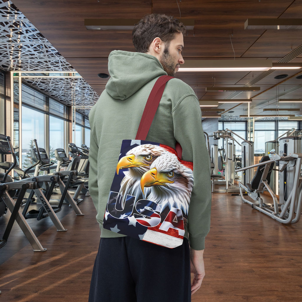 Patriotic - USA - Bald Eagles - Tote Bag - All Over Print - American Flag Design - Five Different Handle Colors - Red - Navy - Black - Beige - White- Different Print On Both Sides