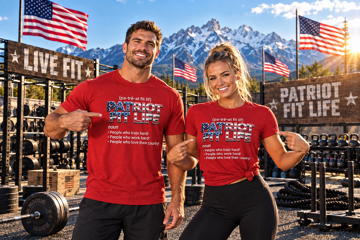 Two smiling men posing in a mountain gym wearing matching red graphic t-shirts with the text 'PATRIOT FIT LIFE' and a patriotic slogan. The background features a snowy mountain range, American flags, and weightlifting equipment.