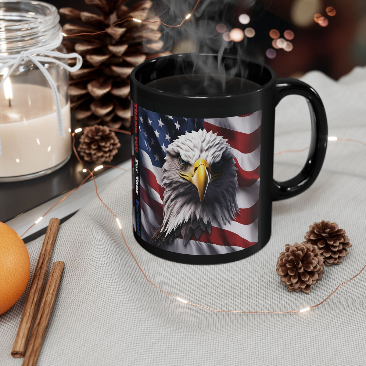Thank You For Your Service Black Mug - Patriotic American Flag Bald Eagle - 11oz