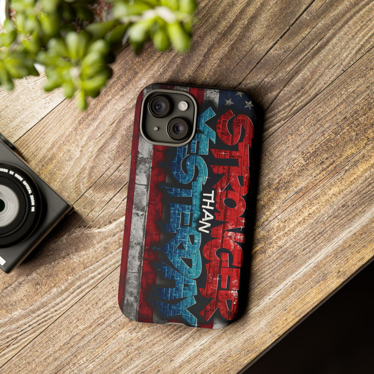 Stronger Than Yesterday Iphone Case - Motivational Phone Cover - USA Flag Design - Gift for Fitness Enthusiasts - Inspirational Phone Accessory