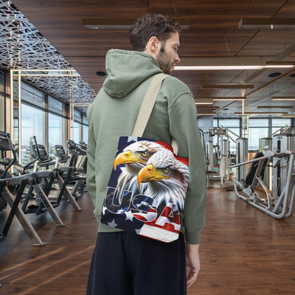 Patriotic - USA - Bald Eagles - Tote Bag - All Over Print - American Flag Design - Five Different Handle Colors - Red - Navy - Black - Beige - White- Different Print On Both Sides