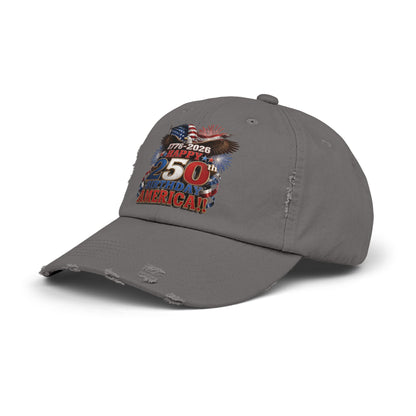 Happy 250th Birthday America Distressed Dad Hat | 1776-2026 Patriotic Eagle Flag & Fireworks Cap