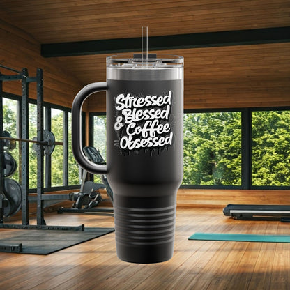 Stressed Blessed & Coffee Obsessed 40oz Travel Mug - Insulated - 7 Colors