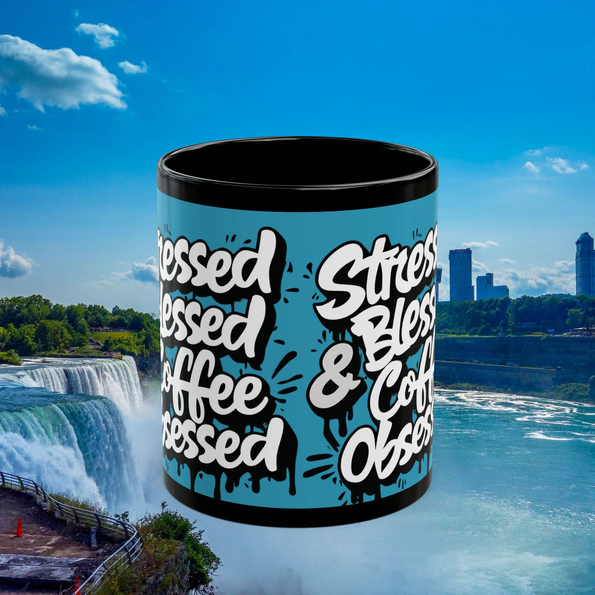 Stressed Blessed & Coffee Obsessed Mug - Black Ceramic - 11oz/15oz