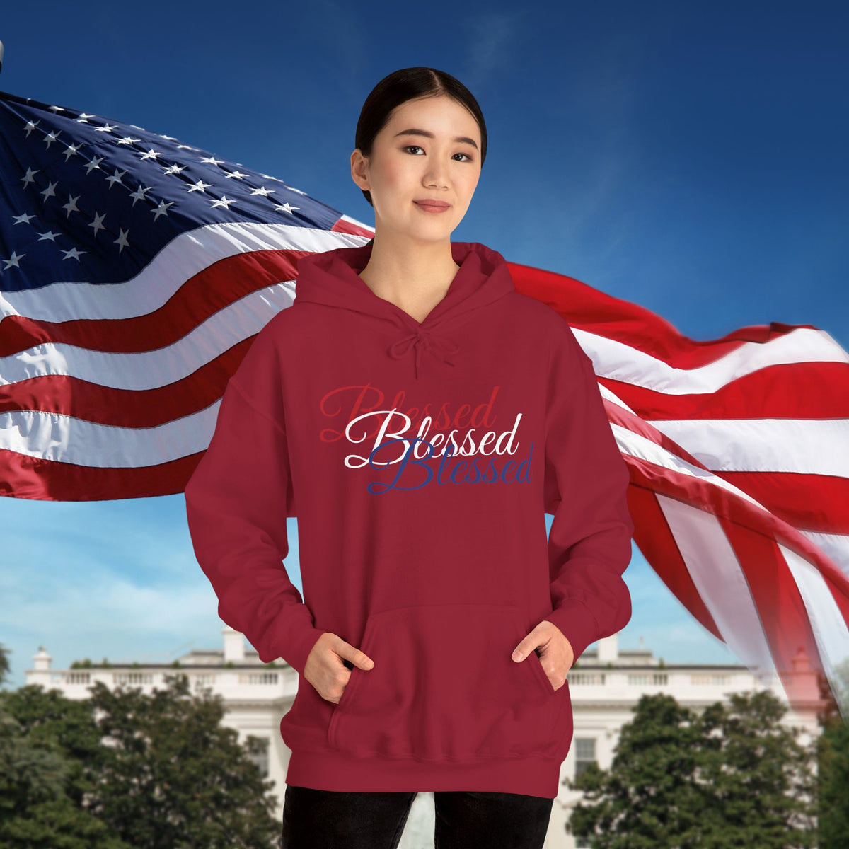 Blessed Hoodie - Patriotic Red White Blue - Unisex Pullover - Front & Back Print - S-5XL