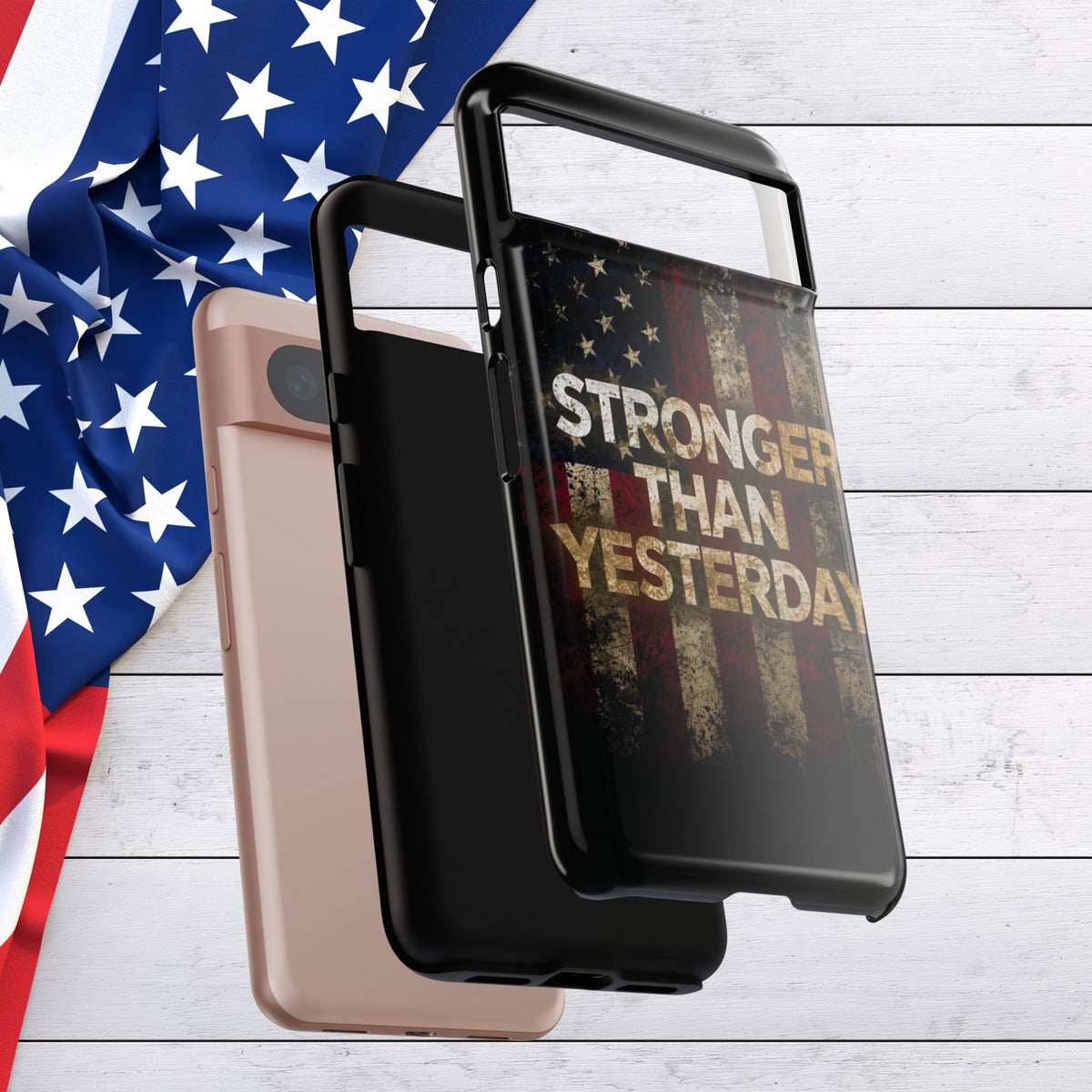 Patriotic Phone Case - Stronger Than Yesterday Design - Up Against a Vintage American Flag Background - Gift for Veterans - Motivational Quote - USA Pride - Independence Day