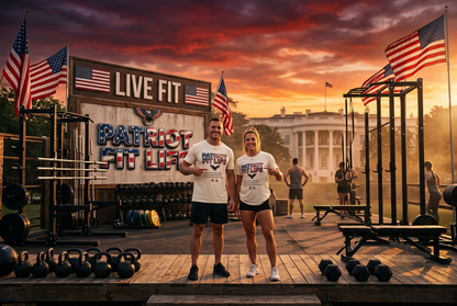 Two people standing on a wooden platform in front of a rustic fitness sign that reads 'LIVE FIT PATRIOT FIT LIFE,' with American flags, gym equipment, kettlebells, and a sunset sky. The White House is visible in the background.