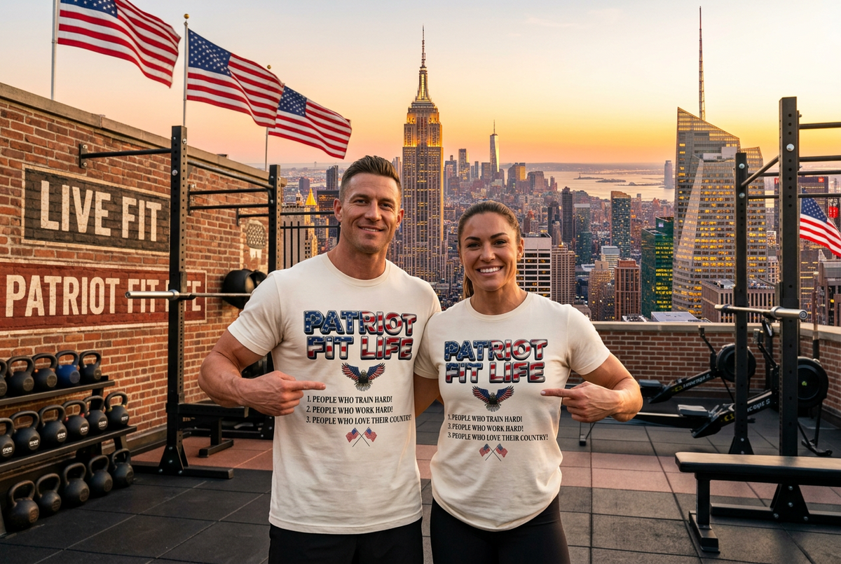 A man and a woman stand on a rooftop gym overlooking a city skyline at sunset, wearing matching white T-shirts with a patriotic 'Patriot Fit Life' graphic. The background includes American flags, weight racks, kettlebells, and the Empire State Building.