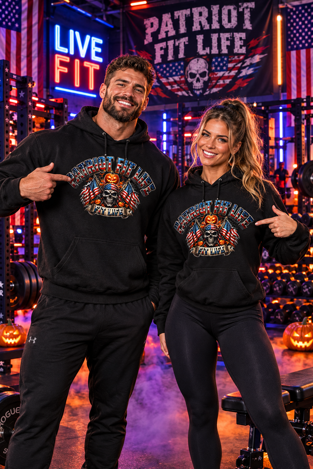 A man and a woman standing in a gym wearing matching black hoodies with a large patriotic Halloween graphic on the front. The graphic features a skull, American flag elements, and the text 'Patriot Fit Life.'