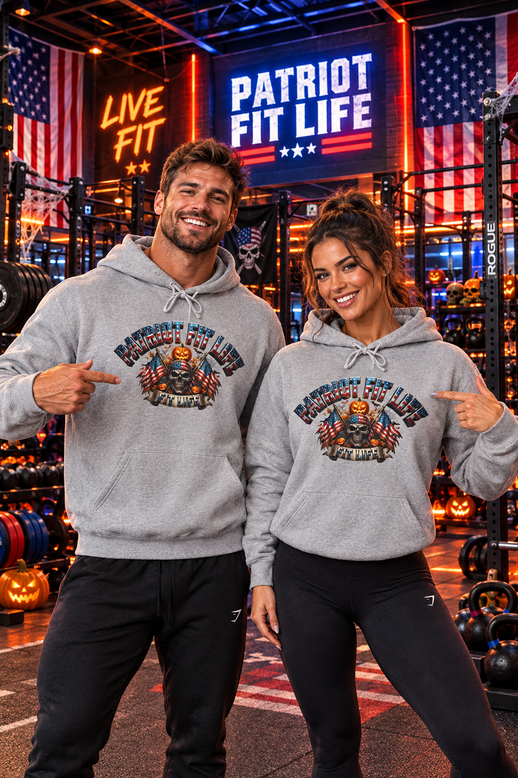 A man and a woman standing in a gym wearing matching gray hoodies with a patriotic Halloween graphic that reads 'Patriot Fit Life' under American flags and neon signs.