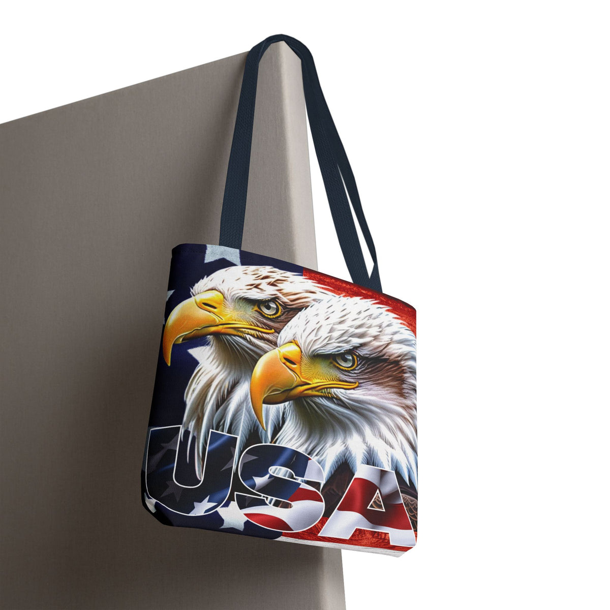 Patriotic - USA - Bald Eagles - Tote Bag - All Over Print - American Flag Design - Five Different Handle Colors - Red - Navy - Black - Beige - White- Different Print On Both Sides