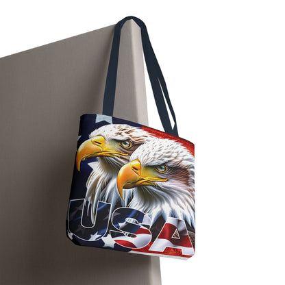Patriotic - USA - Bald Eagles - Tote Bag - All Over Print - American Flag Design - Five Different Handle Colors - Red - Navy - Black - Beige - White- Different Print On Both Sides