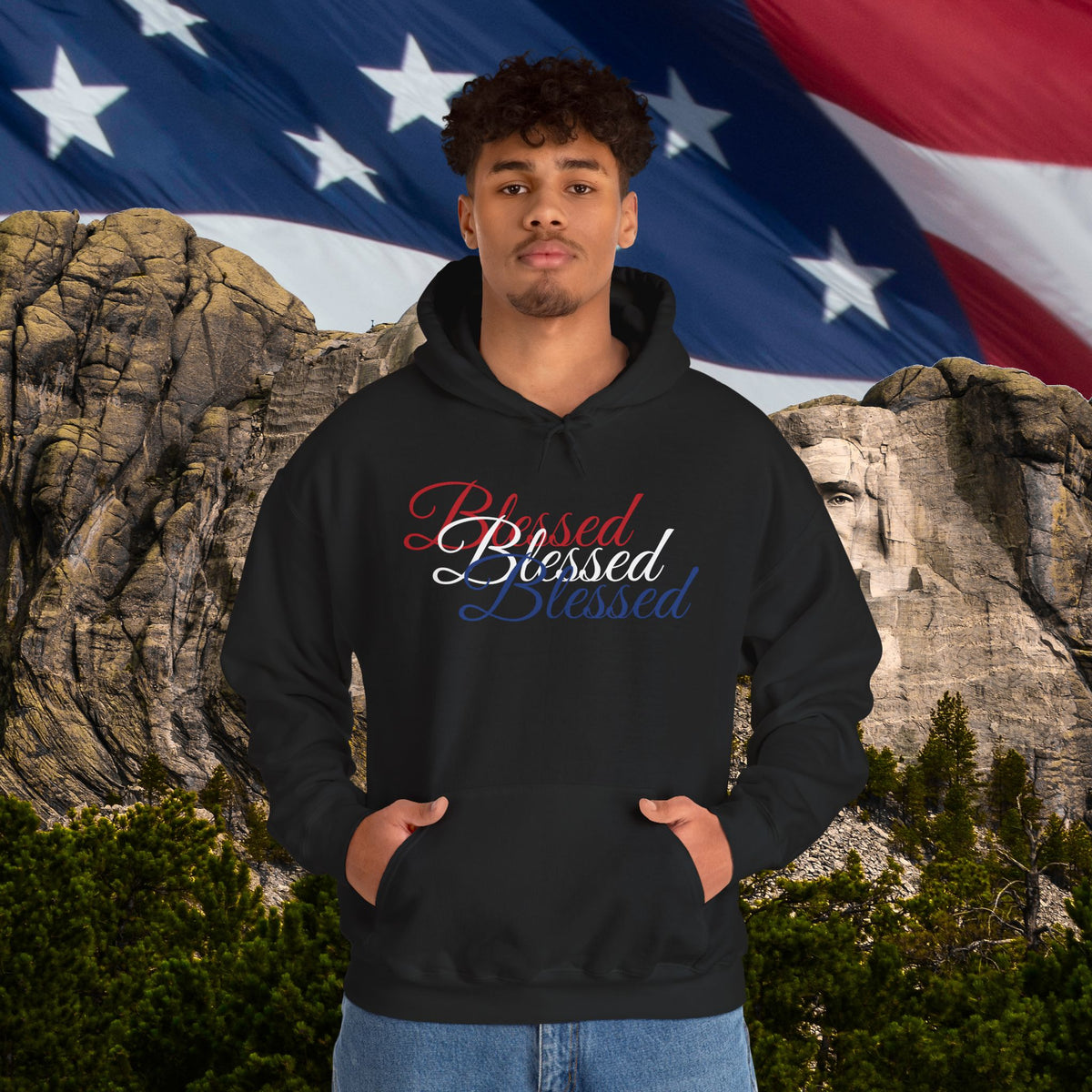 Blessed Hoodie - Patriotic Red White Blue - Unisex Pullover - Front & Back Print - S-5XL