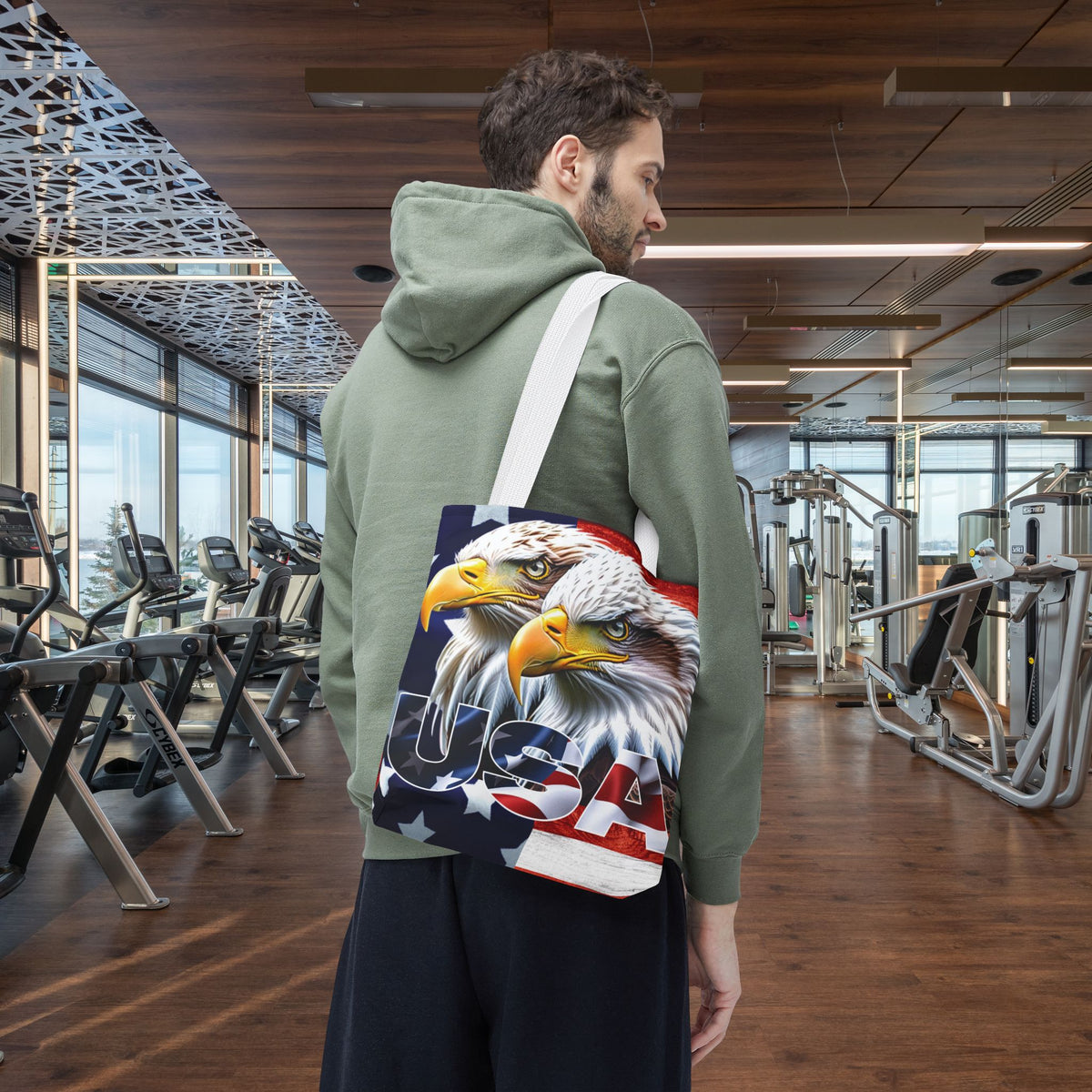 Patriotic - USA - Bald Eagles - Tote Bag - All Over Print - American Flag Design - Five Different Handle Colors - Red - Navy - Black - Beige - White- Different Print On Both Sides