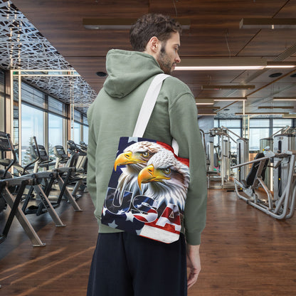 Patriotic - USA - Bald Eagles - Tote Bag - All Over Print - American Flag Design - Five Different Handle Colors - Red - Navy - Black - Beige - White- Different Print On Both Sides