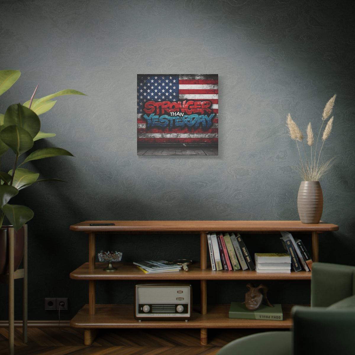 Stronger Than Yesterday Canvas Wall Art - Patriotic Fitness Motivation