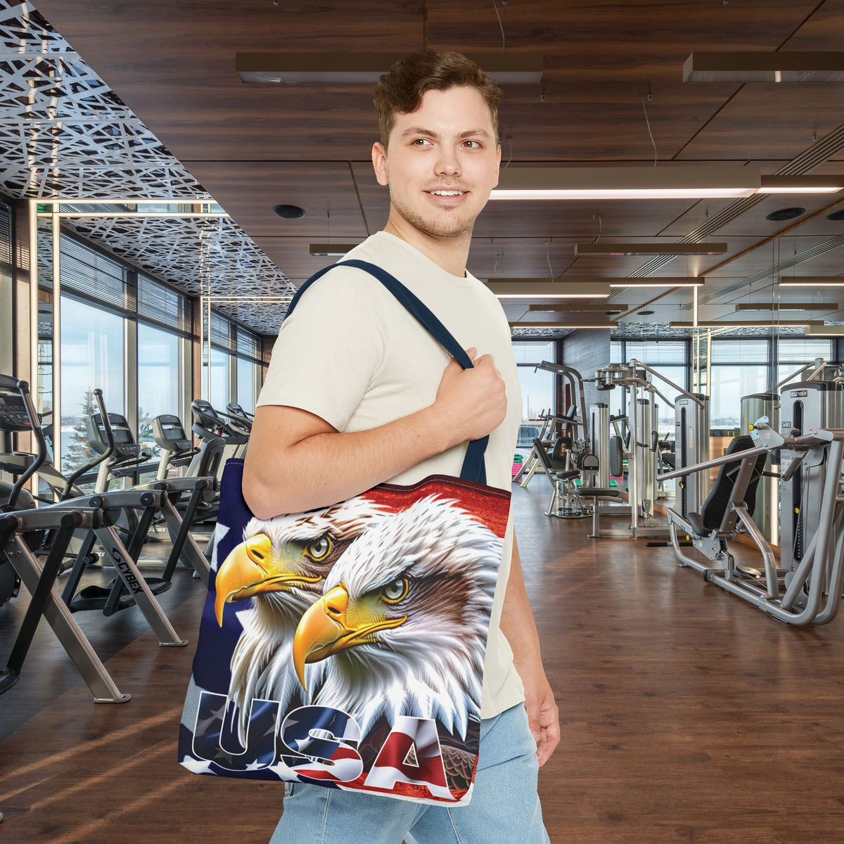Patriotic - USA - Bald Eagles - Tote Bag - All Over Print - American Flag Design - Five Different Handle Colors - Red - Navy - Black - Beige - White- Different Print On Both Sides