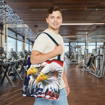 Patriotic - USA - Bald Eagles - Tote Bag - All Over Print - American Flag Design - Five Different Handle Colors - Red - Navy - Black - Beige - White- Different Print On Both Sides