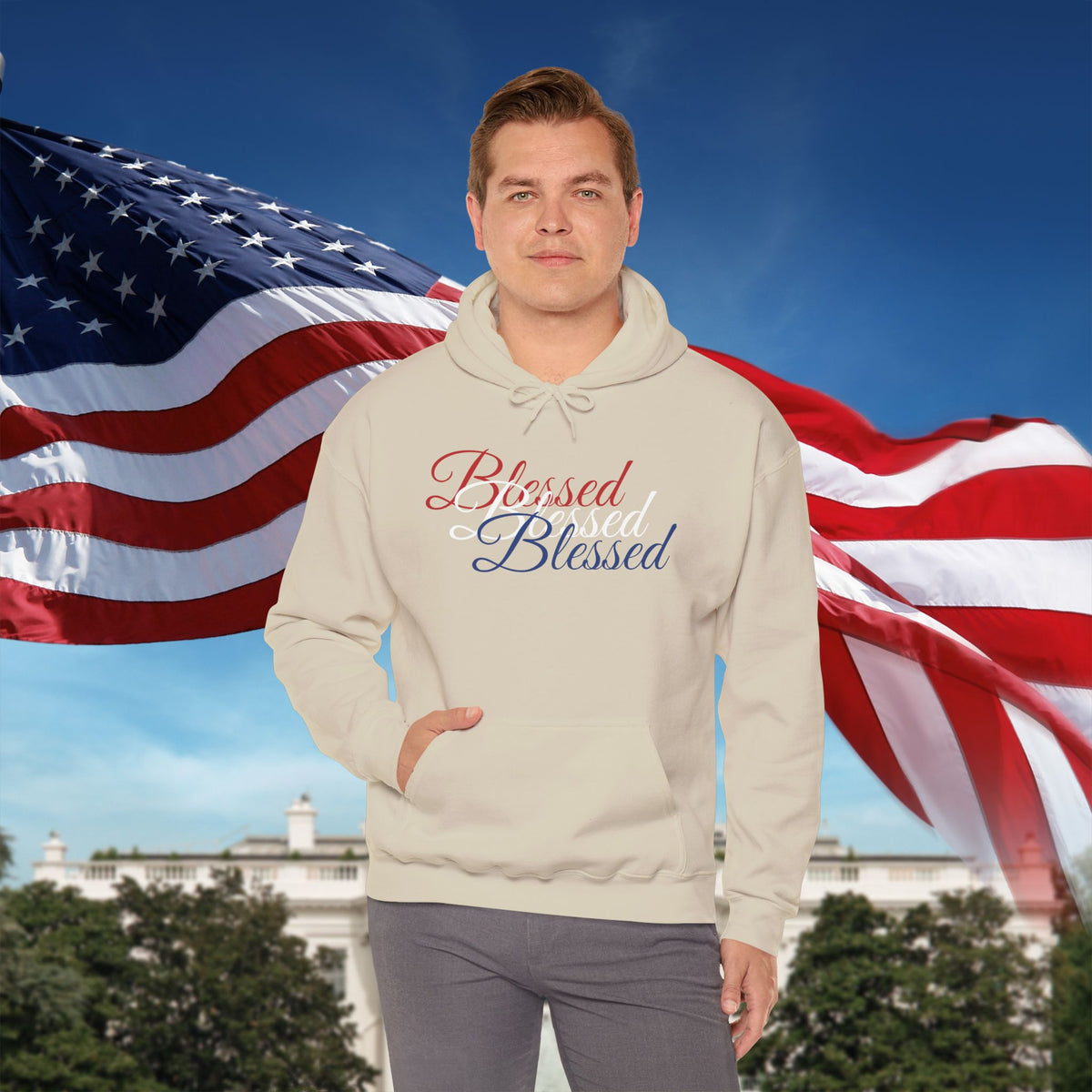 Blessed Hoodie - Patriotic Red White Blue - Unisex Pullover - Front & Back Print - S-5XL
