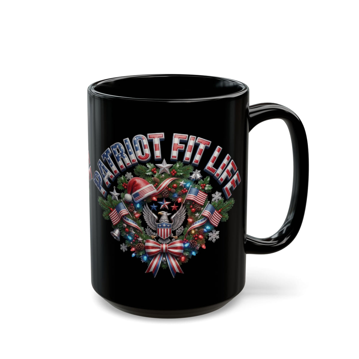 Patriot Fit Life Christmas Coffee Mug - Eagle Wreath with Flags, Lights & Stars Bow | 11oz & 15oz