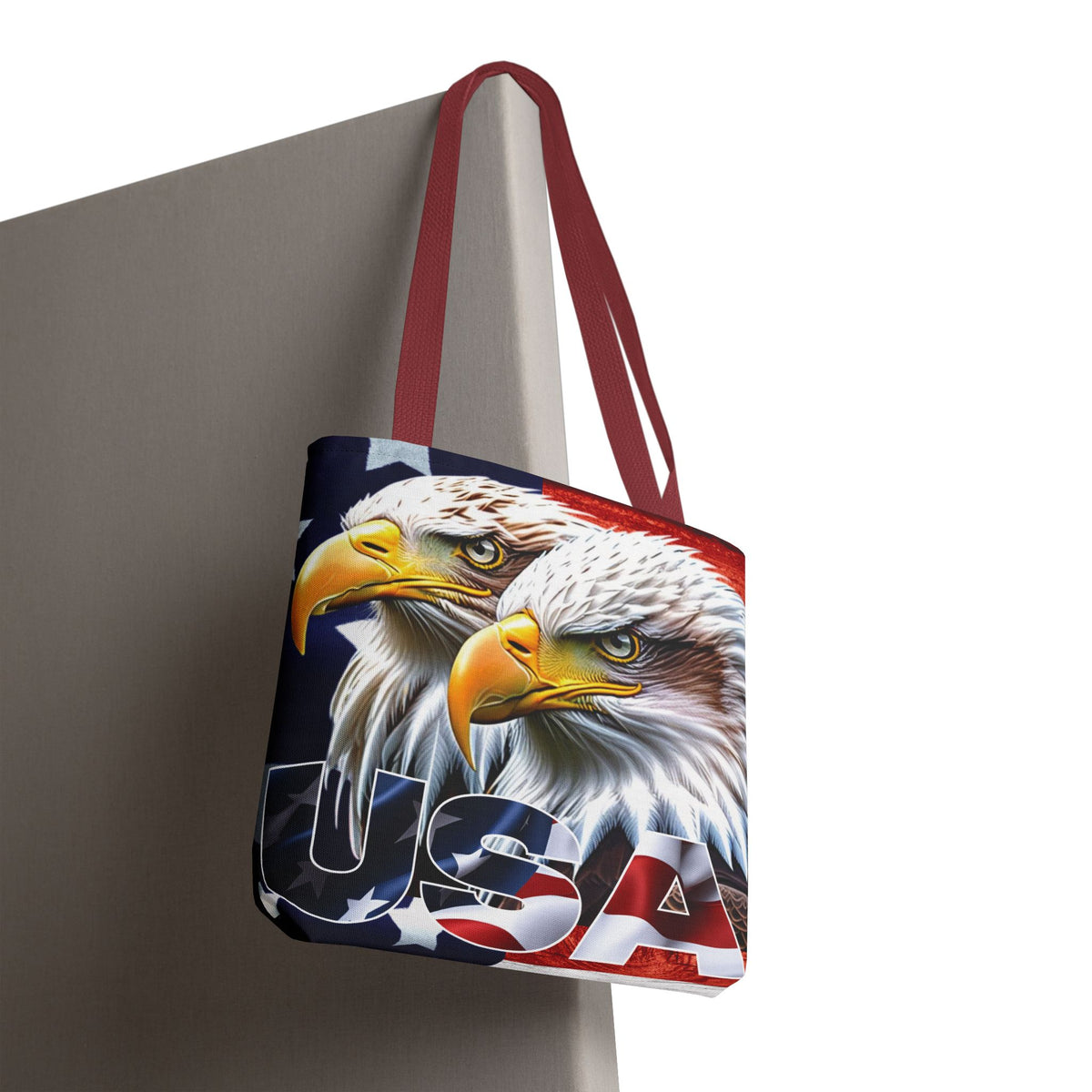Patriotic - USA - Bald Eagles - Tote Bag - All Over Print - American Flag Design - Five Different Handle Colors - Red - Navy - Black - Beige - White- Different Print On Both Sides