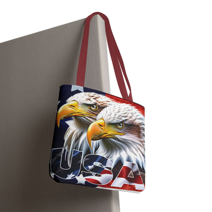 Patriotic - USA - Bald Eagles - Tote Bag - All Over Print - American Flag Design - Five Different Handle Colors - Red - Navy - Black - Beige - White- Different Print On Both Sides