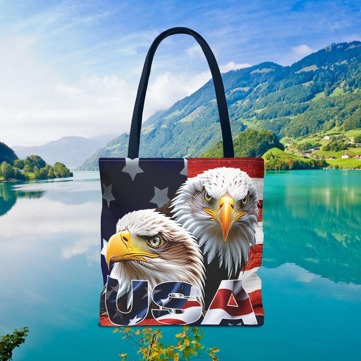 Patriotic - USA - Bald Eagles - Tote Bag - All Over Print - American Flag Design - Five Different Handle Colors - Red - Navy - Black - Beige - White- Different Print On Both Sides