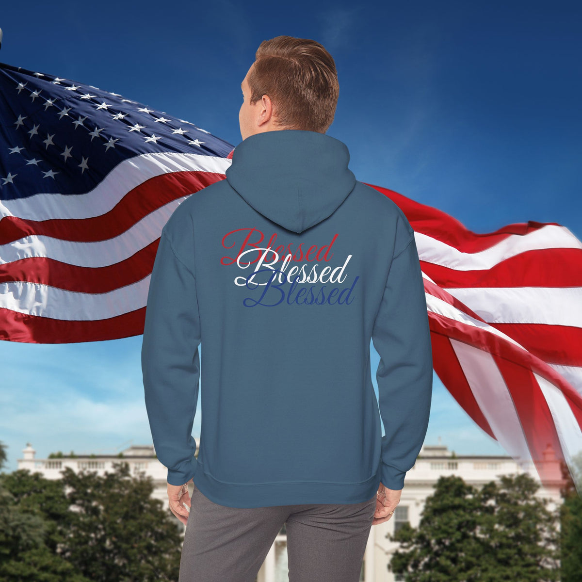 Blessed Hoodie - Patriotic Red White Blue - Unisex Pullover - Front & Back Print - S-5XL
