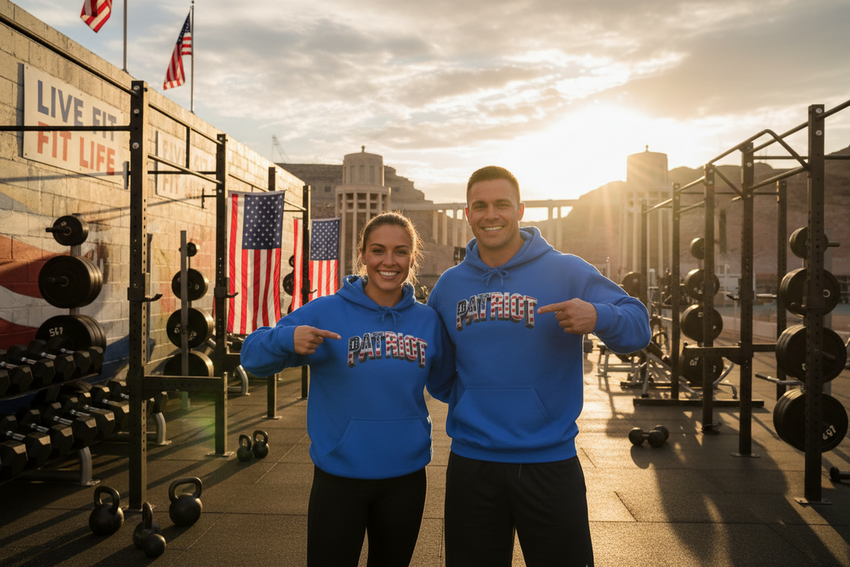 A man and a woman wearing blue hoodies with a PATRIOT American flag pattern text across the front.