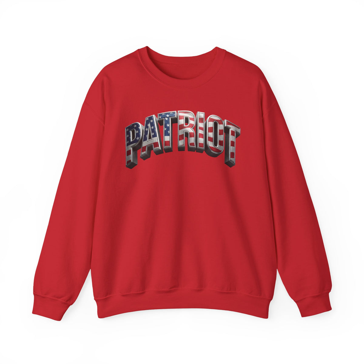 A red crewneck sweatshirt featuring the word 'PATRIOT' arched across the chest in a 3D block font filled with an American flag pattern of red, white, and blue stripes.
