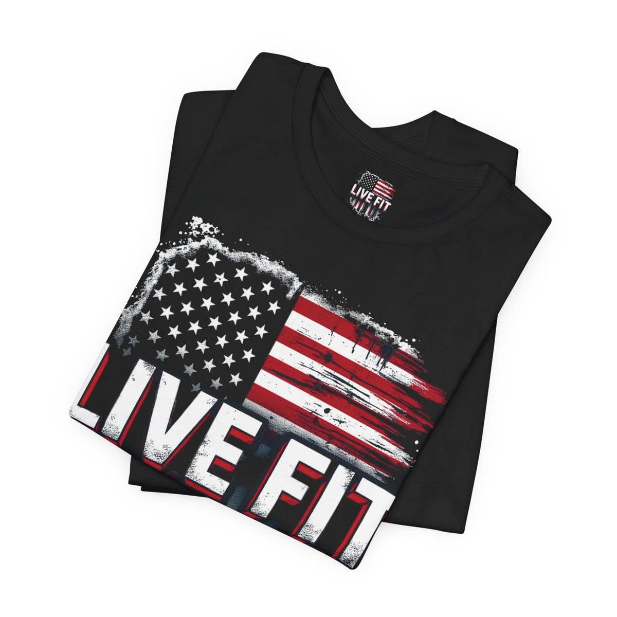 LIVE FIT American Flag T-Shirt - Patriotic Fitness Tee - Distressed USA Flag Design