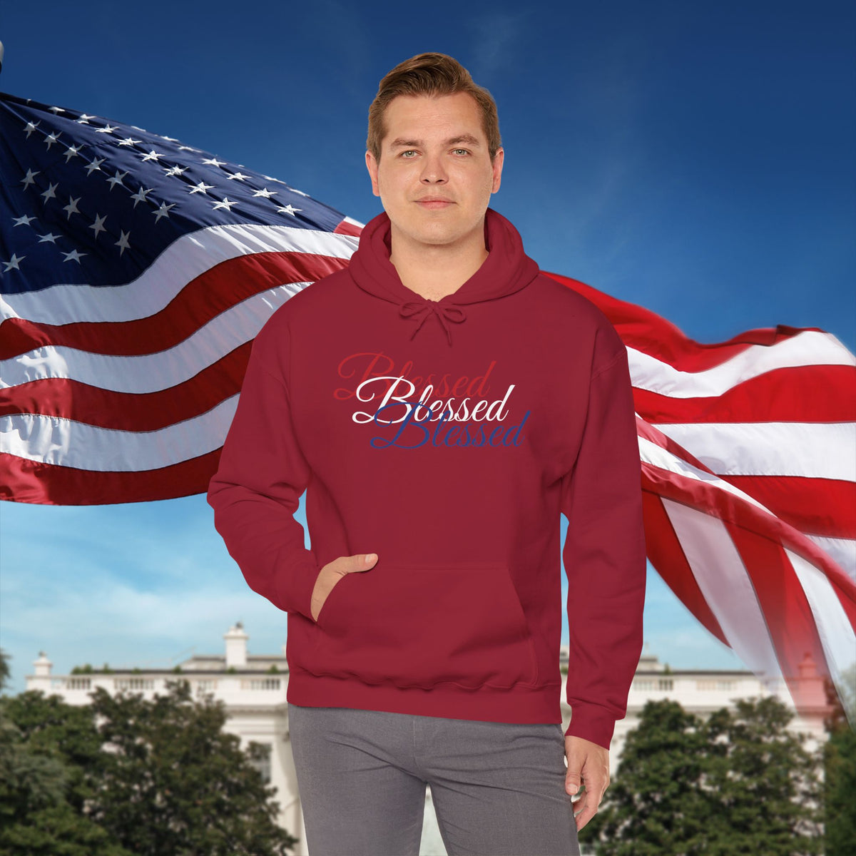 Blessed Hoodie - Patriotic Red White Blue - Unisex Pullover - Front & Back Print - S-5XL
