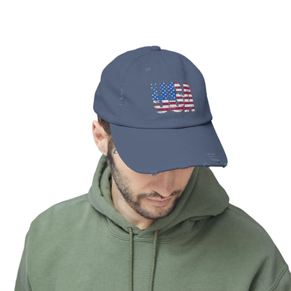 USA Distressed Flag Cap - Unisex Cotton Twill Hat - Patriotic Headwear